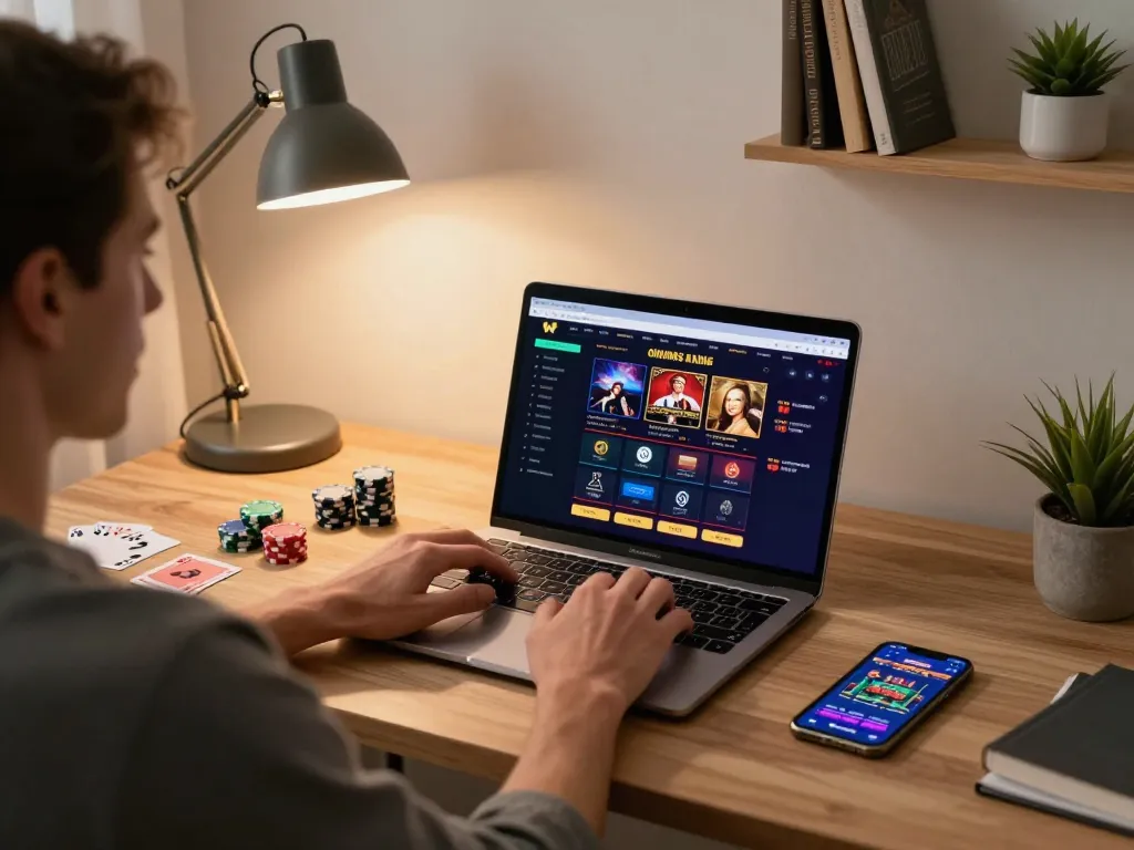 Engaged player exploring non gamstop casinos on laptop in a cozy home gaming setup