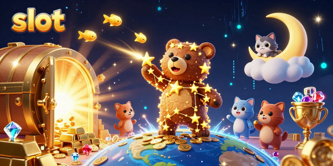 Menangkan slot dengan karakter beruang bintang mengumpulkan koin dalam ilustrasi kasino megah.