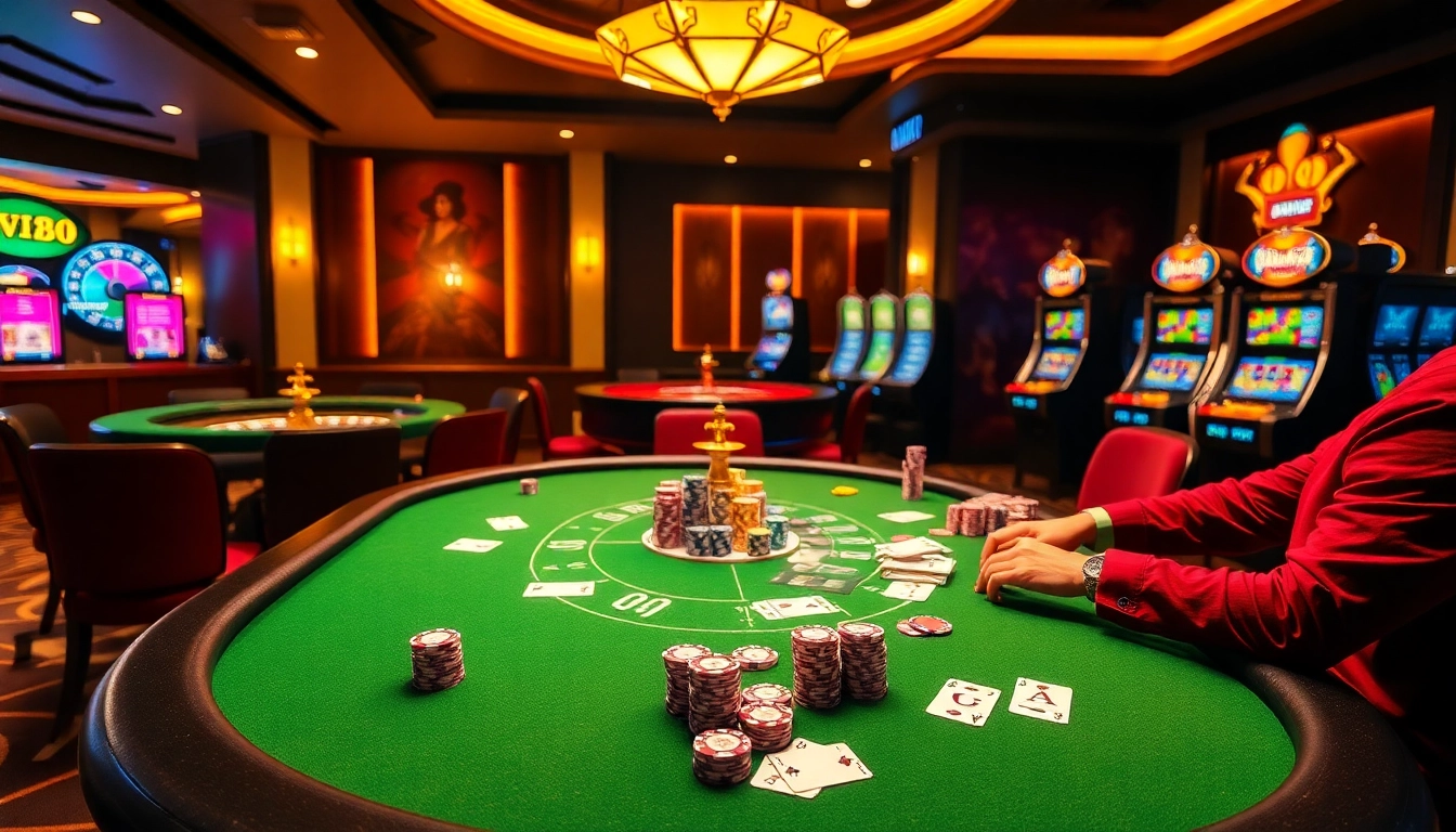 Players enjoying high-stakes games at an LV88 casino table with vibrant chips and cards.