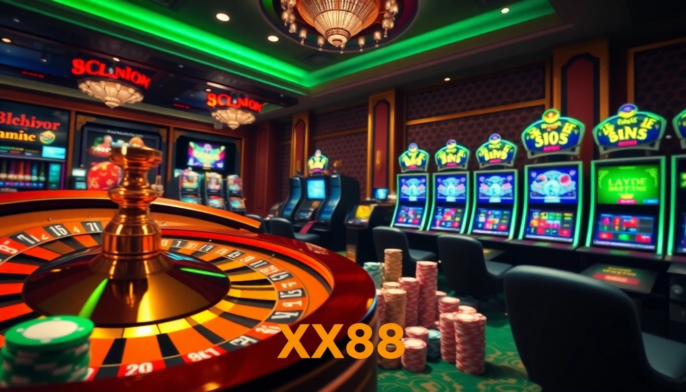 Exciting online gambling scene showcasing XX88's vibrant casino games and poker chips.