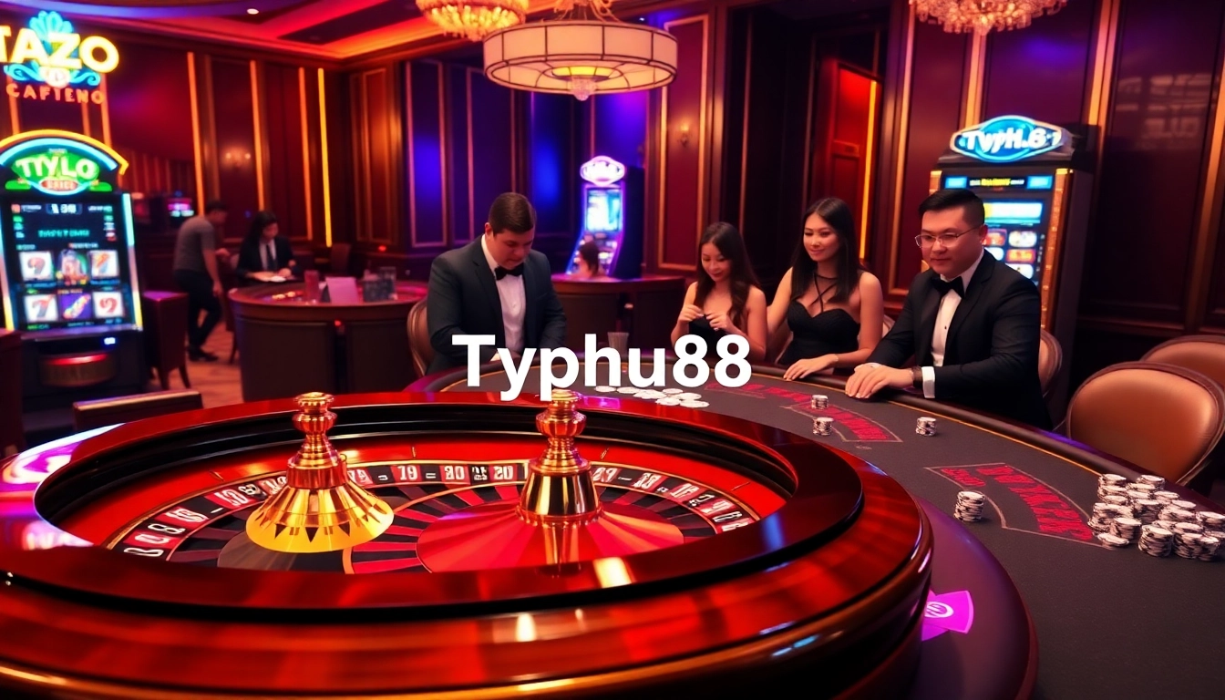 Exciting Typhu88 casino scene with players engaging in roulette and poker, showcasing luxury and thrill.