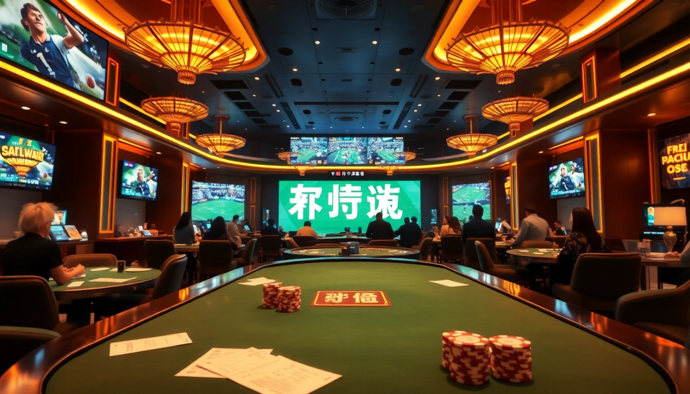 Experience thrilling แทงบอล action in a luxurious betting lounge with vibrant screens, slips, and poker chips.