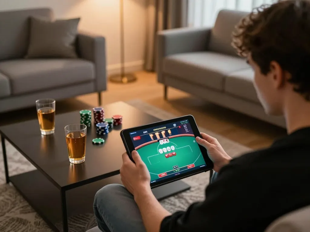 Player enjoying a live poker game on VU88 tablet in a cozy home environment, emphasizing strategic gameplay.