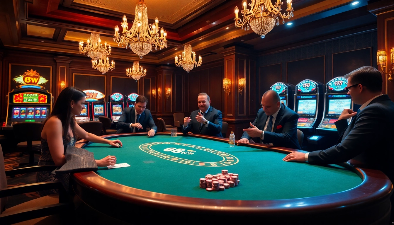 Players enjoying an exhilarating gaming experience at 68win’s luxurious casino, featuring poker tables and vibrant slot machines.