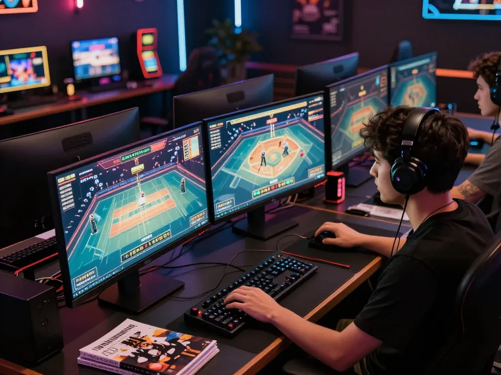 man88a player engaging in online casino gameplay with multiple screens and strategic materials