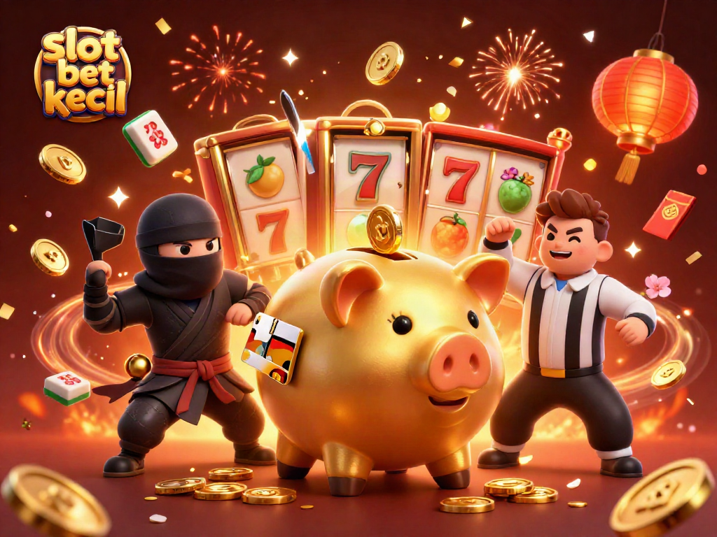 Exciting slot bet kecil scene with a golden piggy bank sumo wrestler amidst vibrant casino elements.