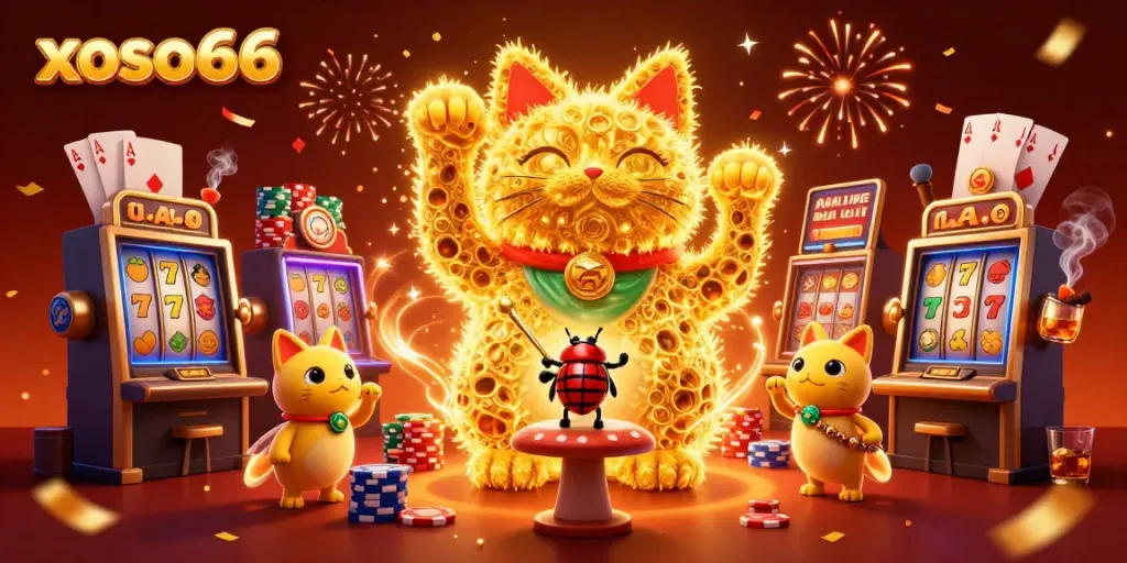 Experience the thrill of gaming at xoso66 with a captivating lucky cat surrounded by vibrant casino elements.