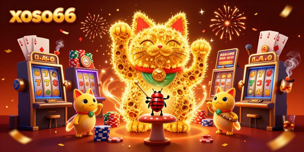 Experience the thrill of gaming at xoso66 with a captivating lucky cat surrounded by vibrant casino elements.
