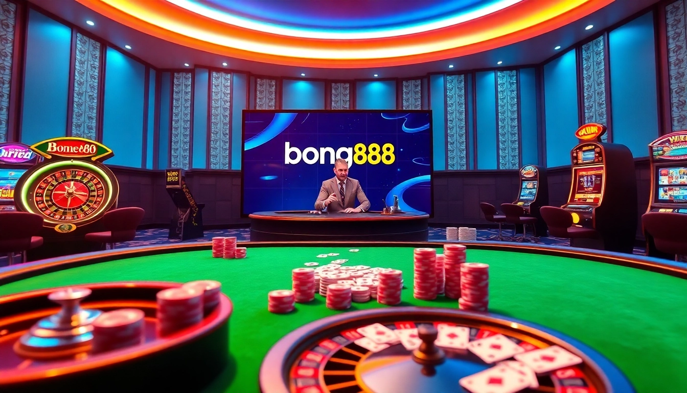 Exciting casino scene at bong88 featuring live dealer, poker chips, and roulette wheel.