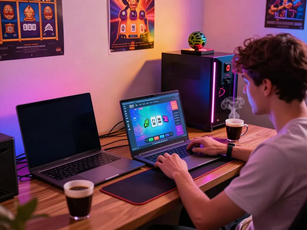 Pengalaman bermain mahjong118 dengan laptop modern dan pencahayaan dinamis.