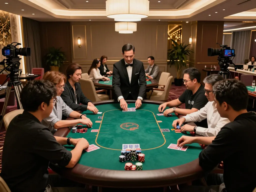 F168 poker players strategizing their game at an upscale casino table with dealer and cards visible