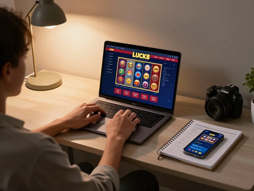 Player engaging with LUCK8 online casino on laptop at home, showcasing strategic gameplay and comfort.
