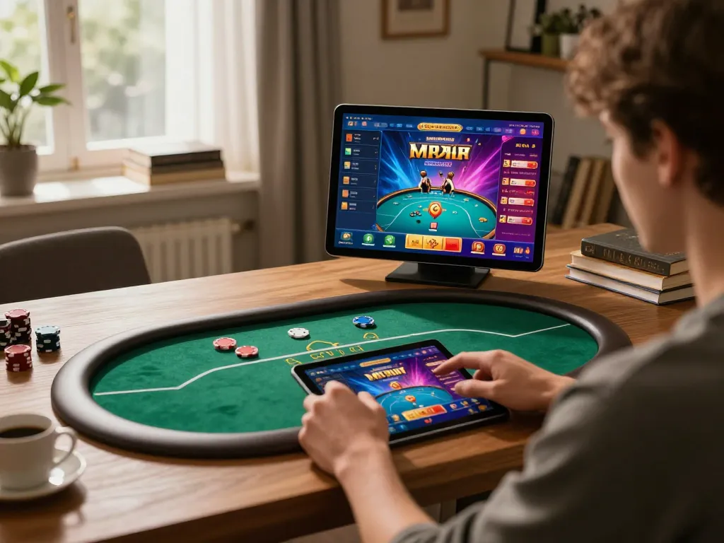 Engholmnds user enjoying online poker session with tablet and betting strategy notes in cozy setting