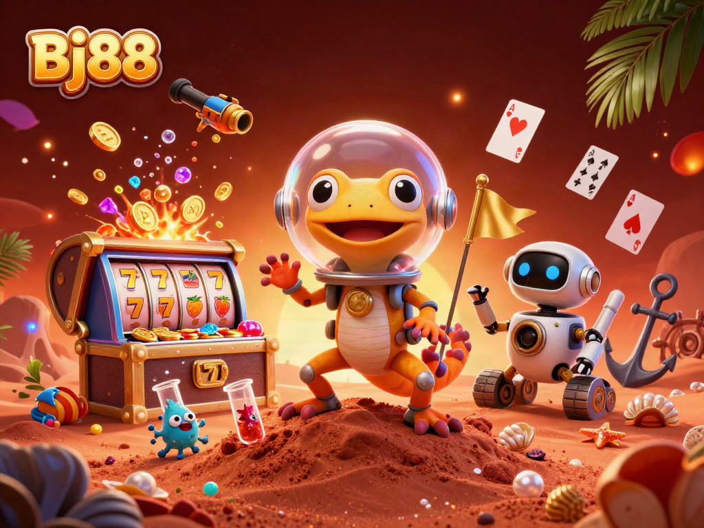 Bj88 showcases a Martian gecko discovering a golden casino amidst underwater treasures and slot games.