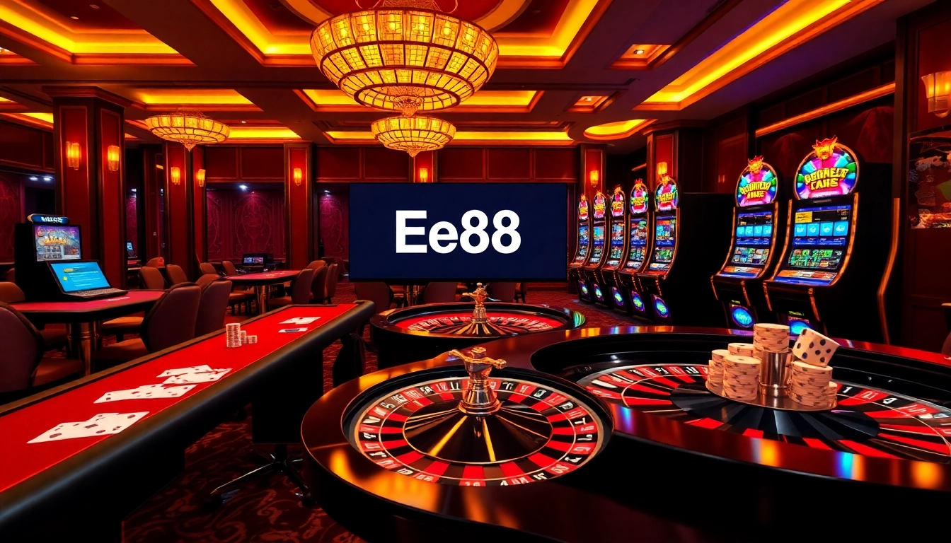 Engage in thrilling online gaming at Ee88 with vibrant casino tables and slot machines.