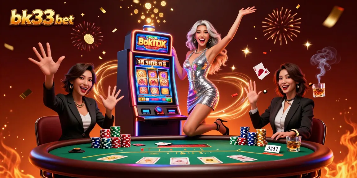 Witness the thrill of winning with bk33 bet at a vibrant casino scene featuring a joyous woman next to a slot machine.
