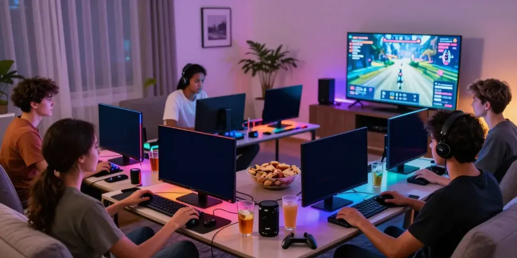 Group of gamers enjoying an engaging session with akunjp games and snacks on the table.