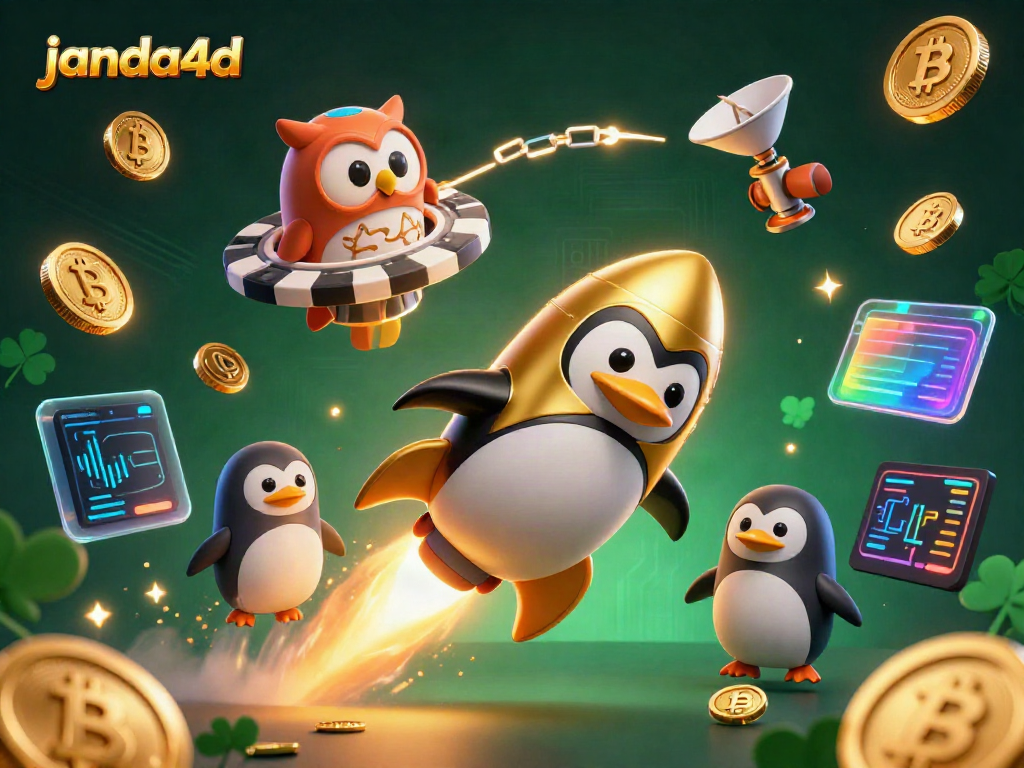 Janda4D menyajikan ilustrasi 3D penguin emas dengan latar belakang luar angkasa yang gemerlap.