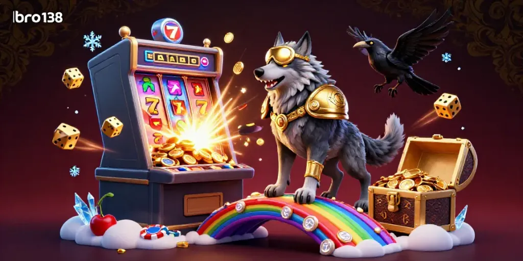 Bro138 showcases an Odin wolf and ravens in a dynamic casino scene bursting with winning symbols.