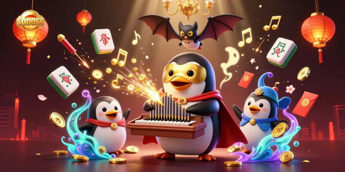 SODO66 offers thrilling casino gameplay featuring a penguin playing for golden coins amidst colorful elements.