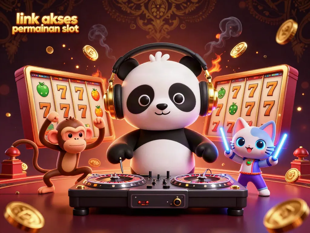 Gambarlah link akses permainan slot dalam ilustrasi 3D, DJ panda dan simbol slot mengelilingi mereka.
