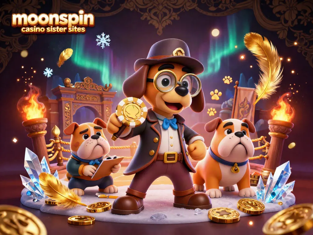 Engage with moonspin casino sister sites featuring a detective bloodhound and bulldog in a treasure hunt scene.