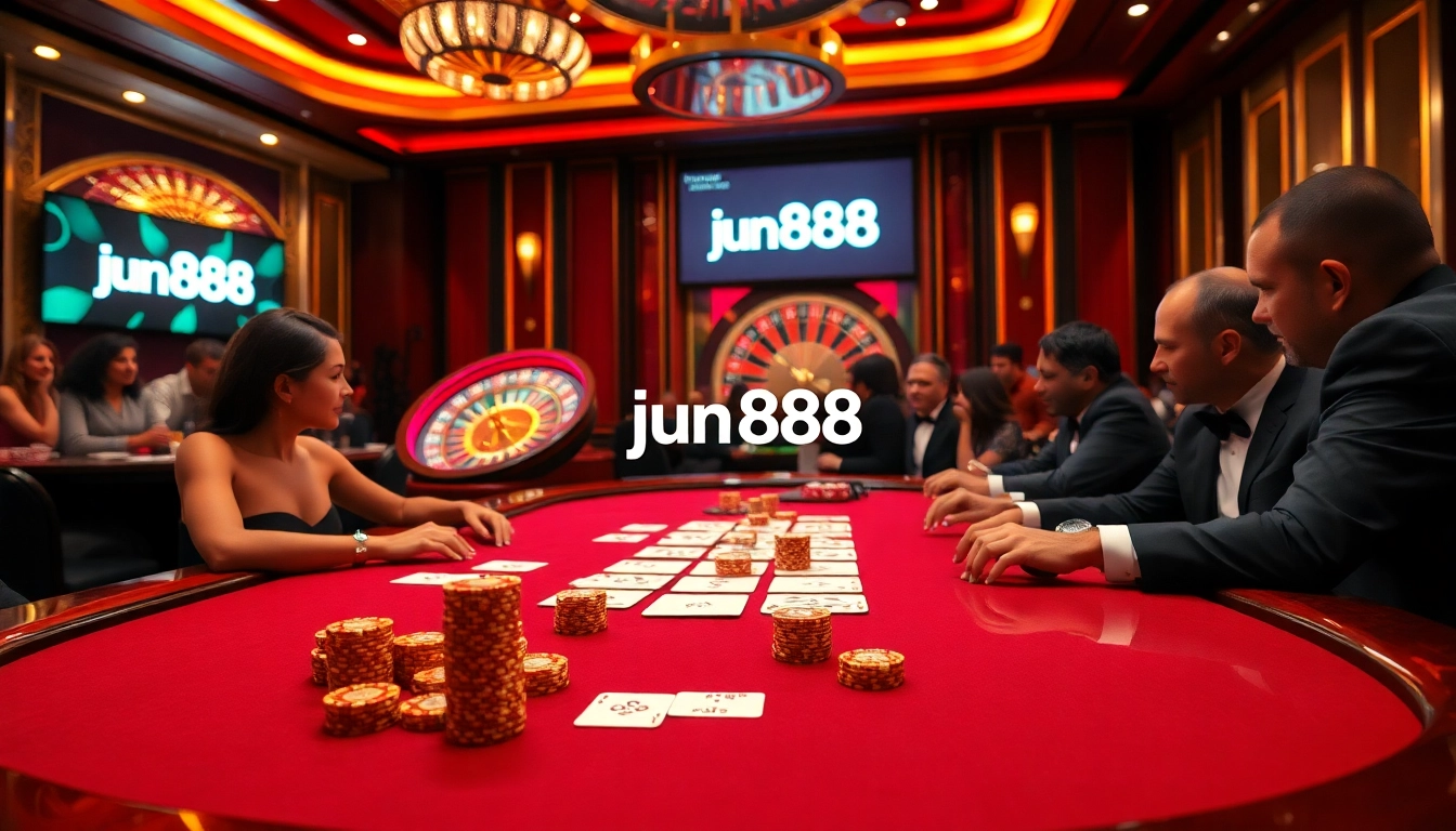 Players engaging in a thrilling poker game at jun888 casino, showcasing high-stakes excitement.