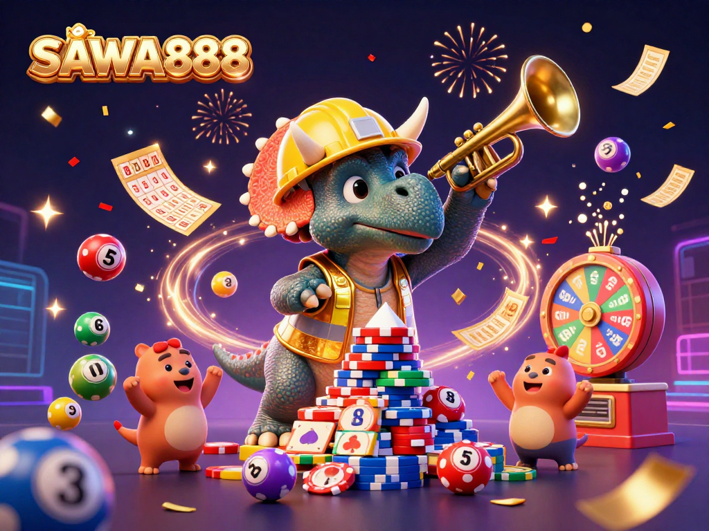 Engage with SAWA888's vibrant 3D illustration showcasing a triceratops building poker chip pyramid amidst a lively casino atmosphere.