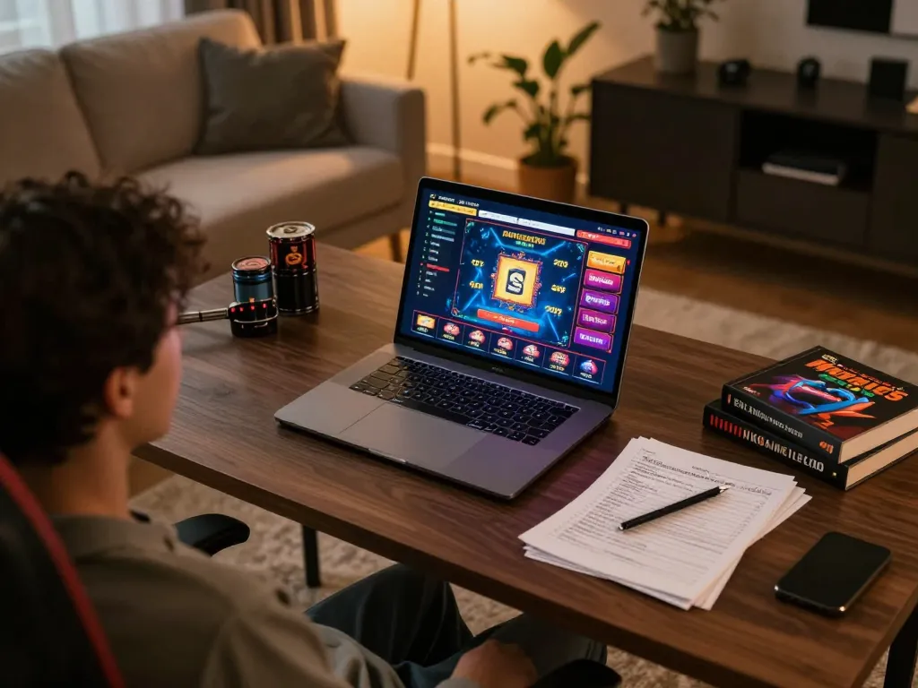 Canada online casinos engaging gameplay on a stylish laptop in a cozy home office