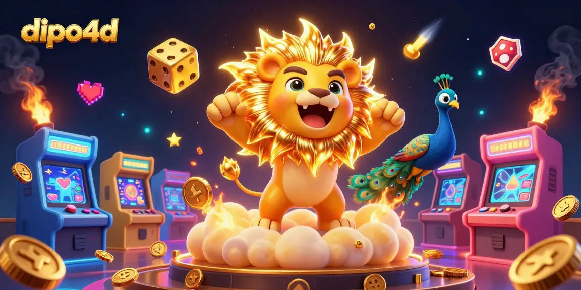 Dive into dipo4d lottery excitement with a dynamic 3D illustration featuring a triumphant sun lion and golden dice.