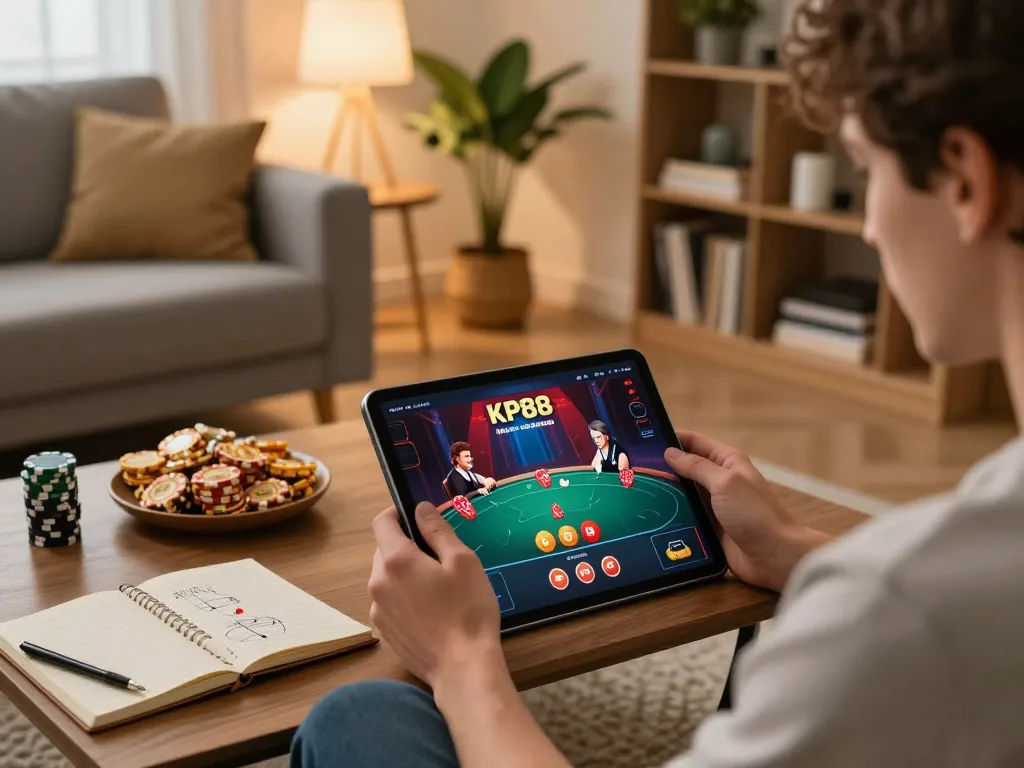 Engaging scene of a player strategizing on the KP88 casino app during an online poker session at home.