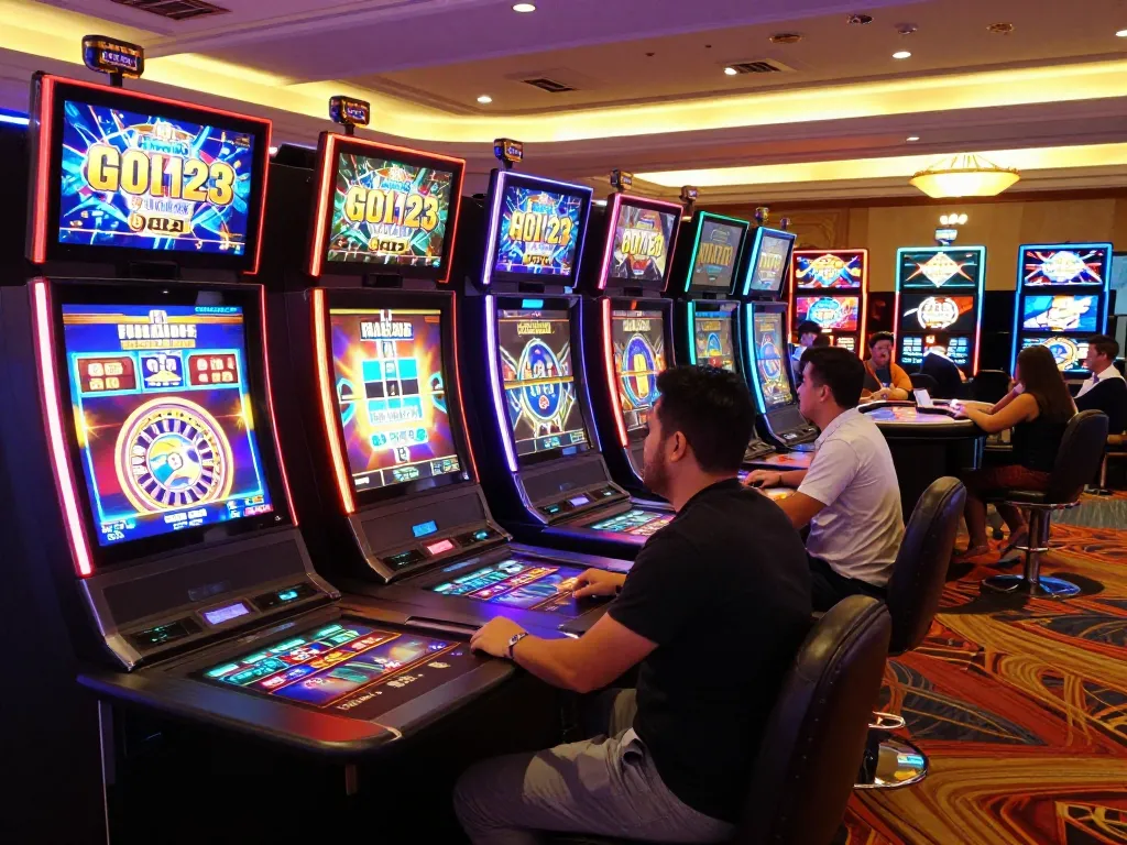 Players enjoying vibrant slot machines at goal123 casino with colorful displays and lively atmosphere