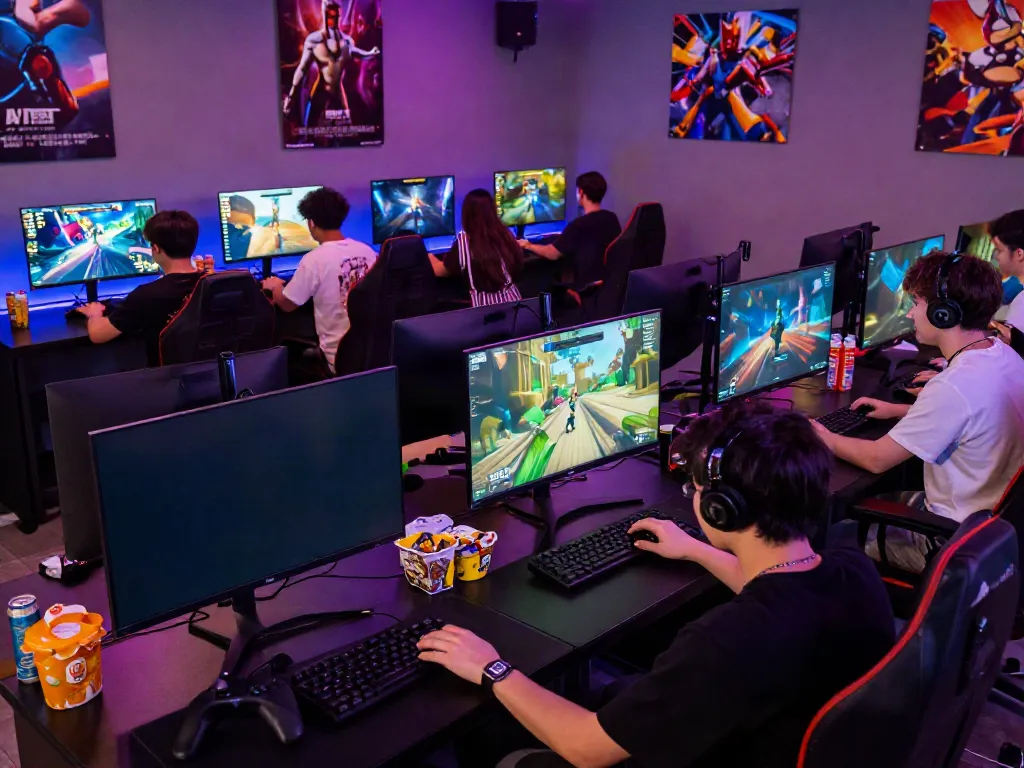 Friends enjoying games on the A80 platform in a vibrant gaming lounge.