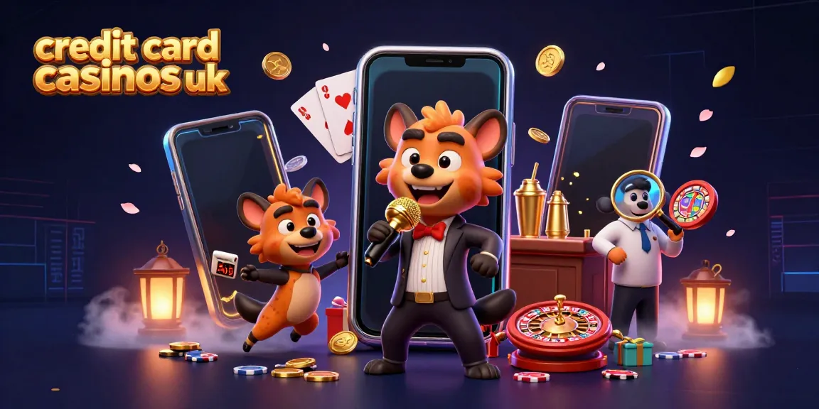 Experience the excitement of credit card casinos UK with cartoon hyenas running a vibrant casino.