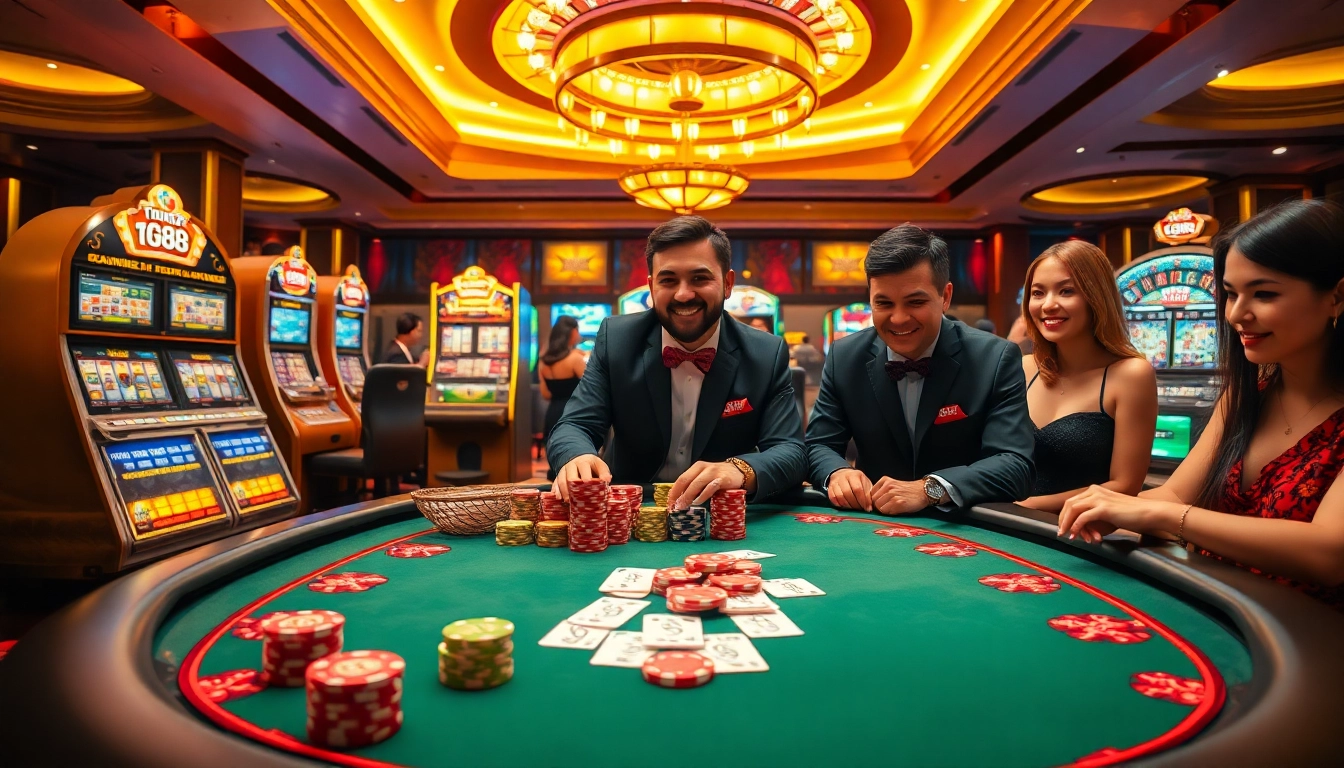 Engaging tg88 casino scene with poker table, vibrant slot machines, and roulette wheel magic.