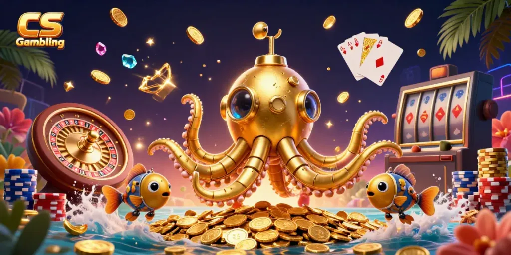 Exciting CS Gambling scene with a golden kraken submarine, coins, and vibrant casino elements