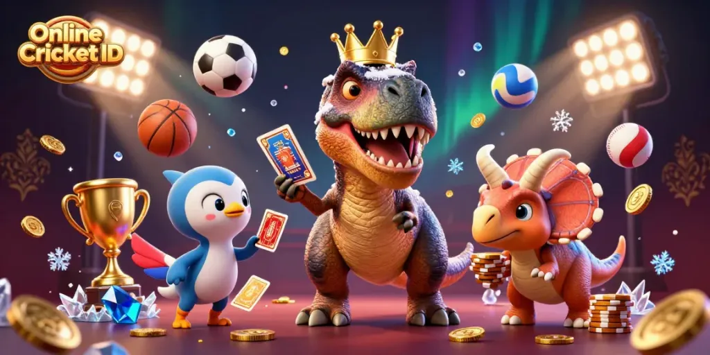 Engage with Online Cricket ID through 3D digital illustration showcasing a friendly dinosaur-themed casino environment.