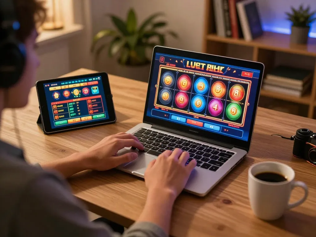 Pemain menikmati permainan slot jus77 langsung di laptop, menampilkan opsi taruhan strategis dan suasana rumah yang nyaman.