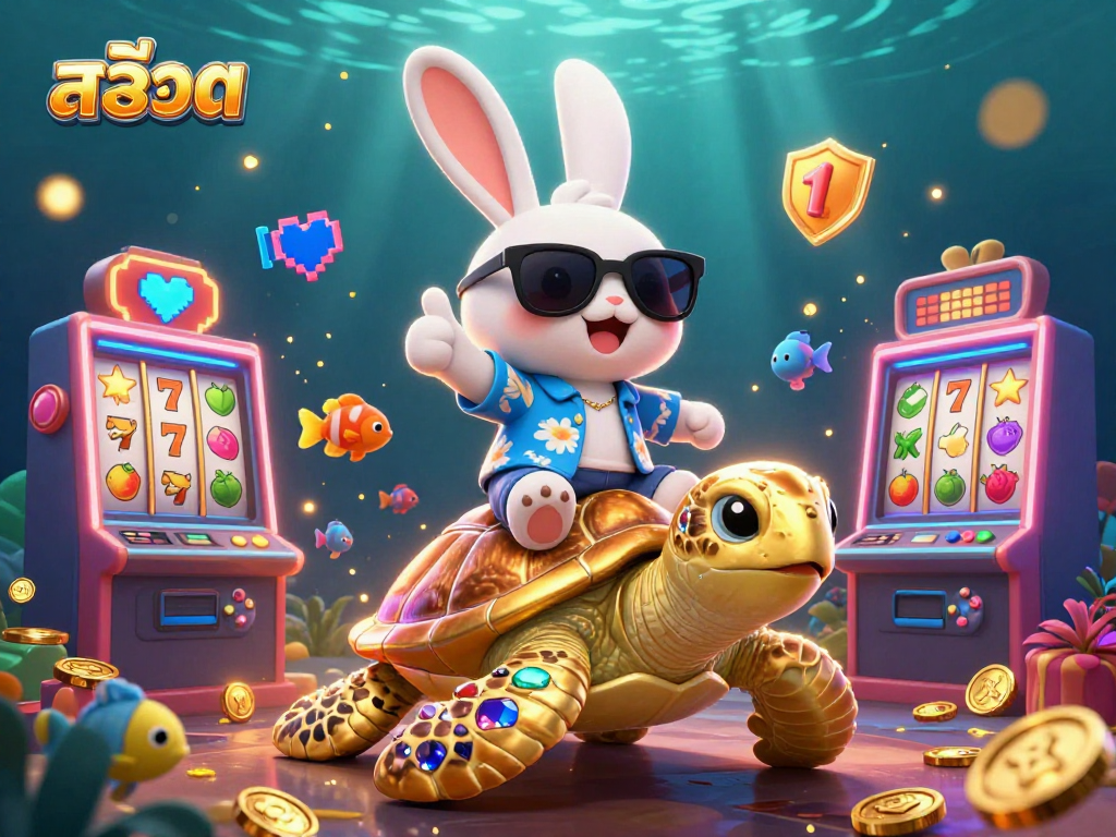 Experience the excitement of สล็อต with a lucky rabbit and golden turtle in a vibrant casino scene.