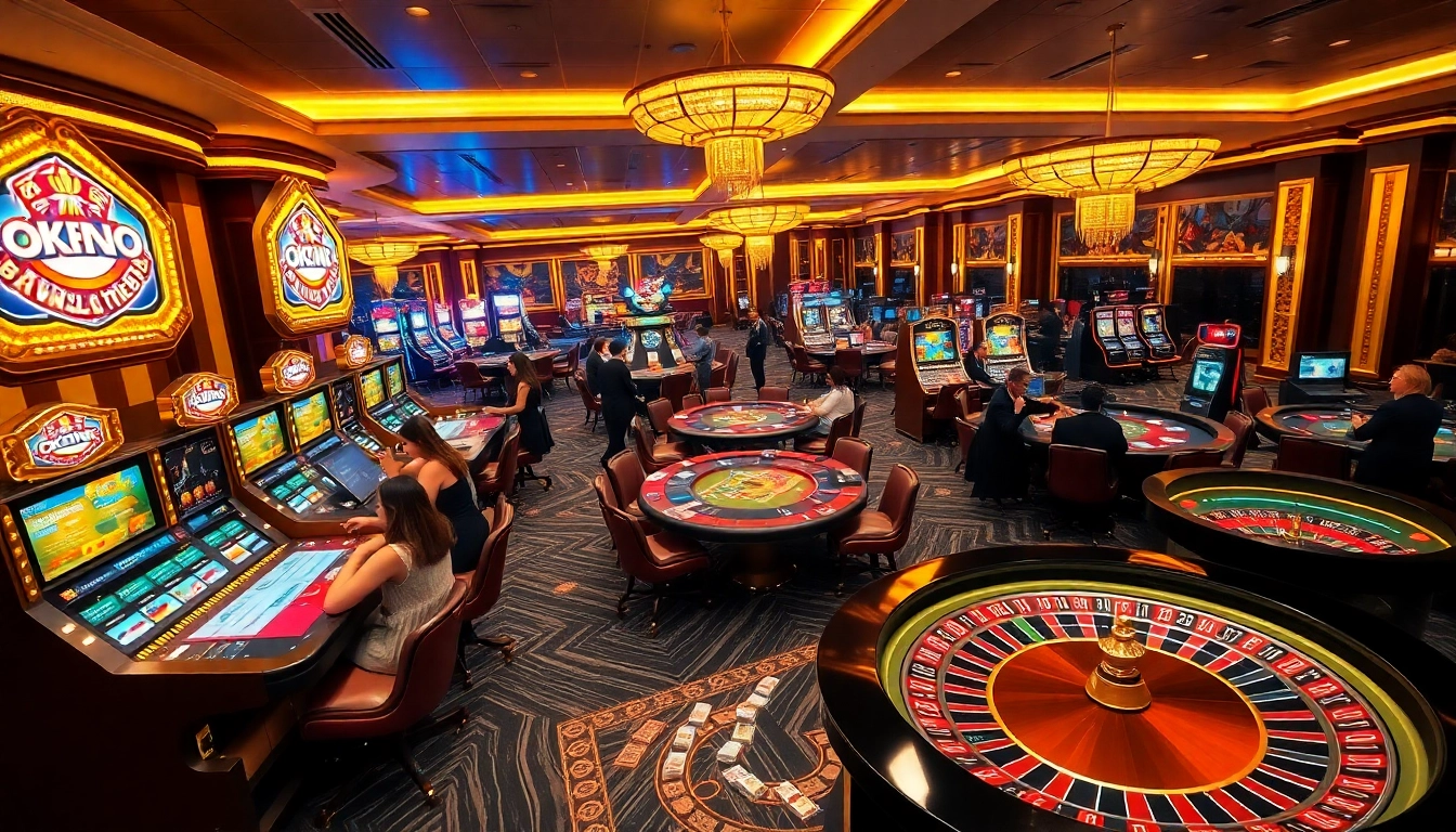 Experience an exciting game at OKFUN Casino with vibrant slot machines and engaging players.