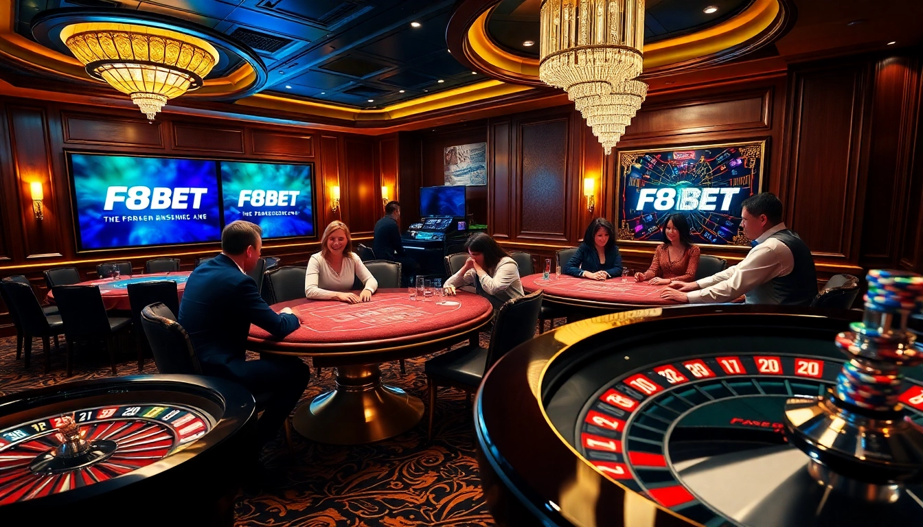 Enjoying a thrilling poker game at F8BET's luxurious casino with vibrant chips and tables.