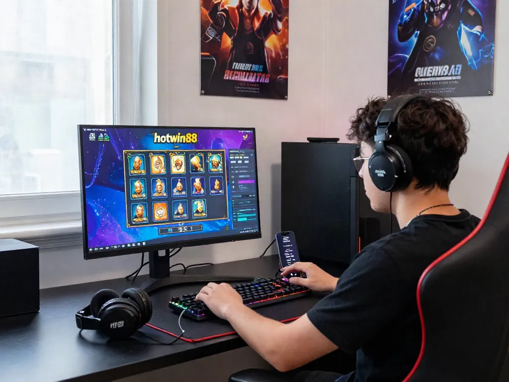 Engaging online gaming setup with hotwin88 interface, vibrant accessories, and dynamic lighting.