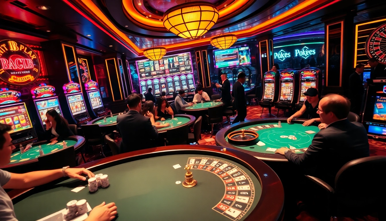 Hitclub casino scene with players at poker tables and vibrant slot machines.