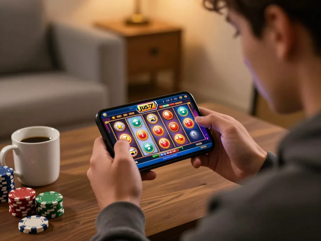 Engaging with jus77 slot games on a smartphone in a cozy home setting, highlighting winning gameplay.