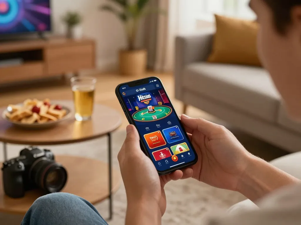 Engaged player using hitclub mobile app for online gaming in a cozy living room.