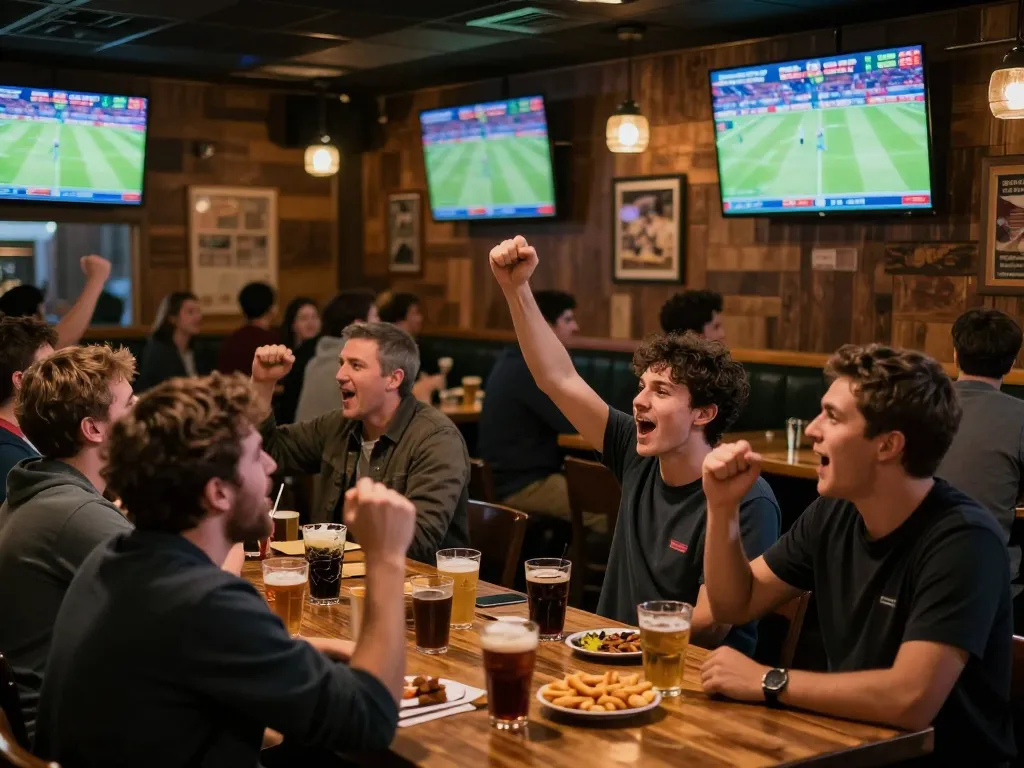 Xem bóng đá trực tuyến at a lively sports bar, with fans cheering and monitoring live matches on screens
