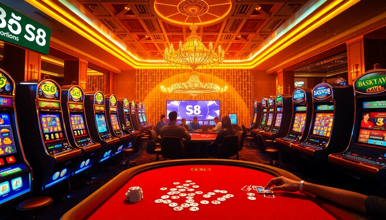 S8 players engage in a thrilling casino atmosphere at poker and blackjack tables, highlighting exclusive promotions.