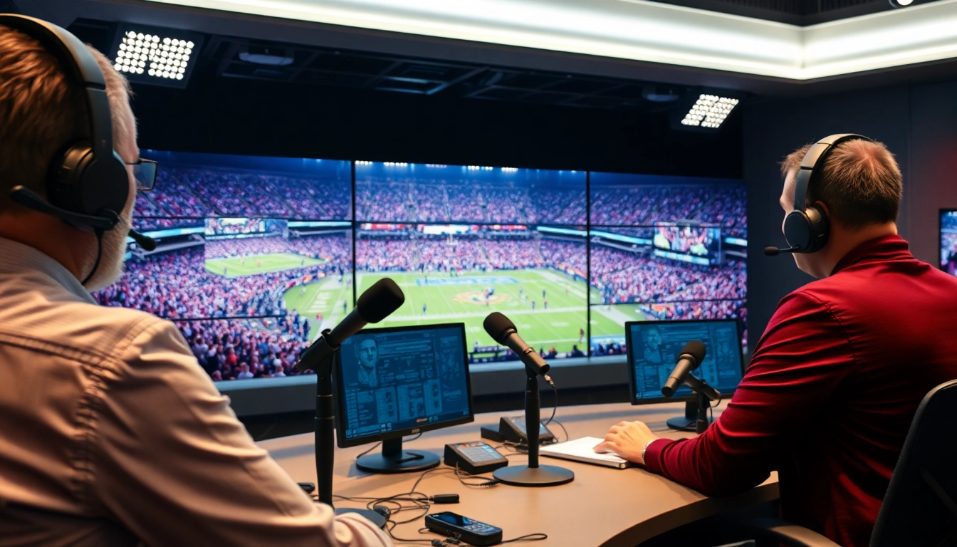 Engaging scene of sports broadcasting with anchors and screens showing live sports.