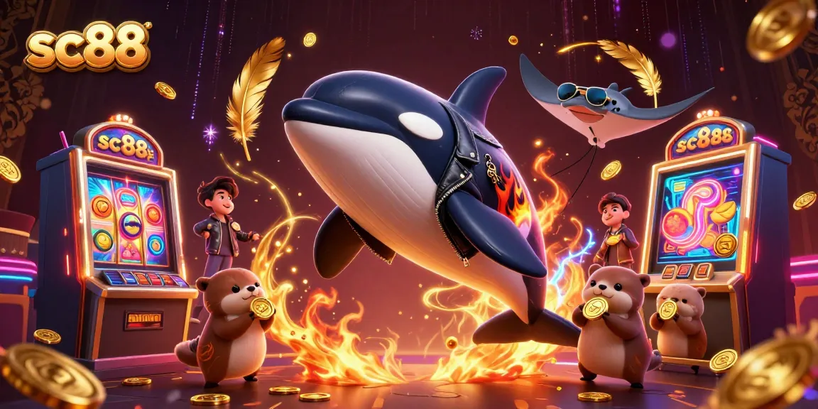 Play exciting games at sc88, where an orca in a leather jacket and sea otters celebrate wins with golden coins.