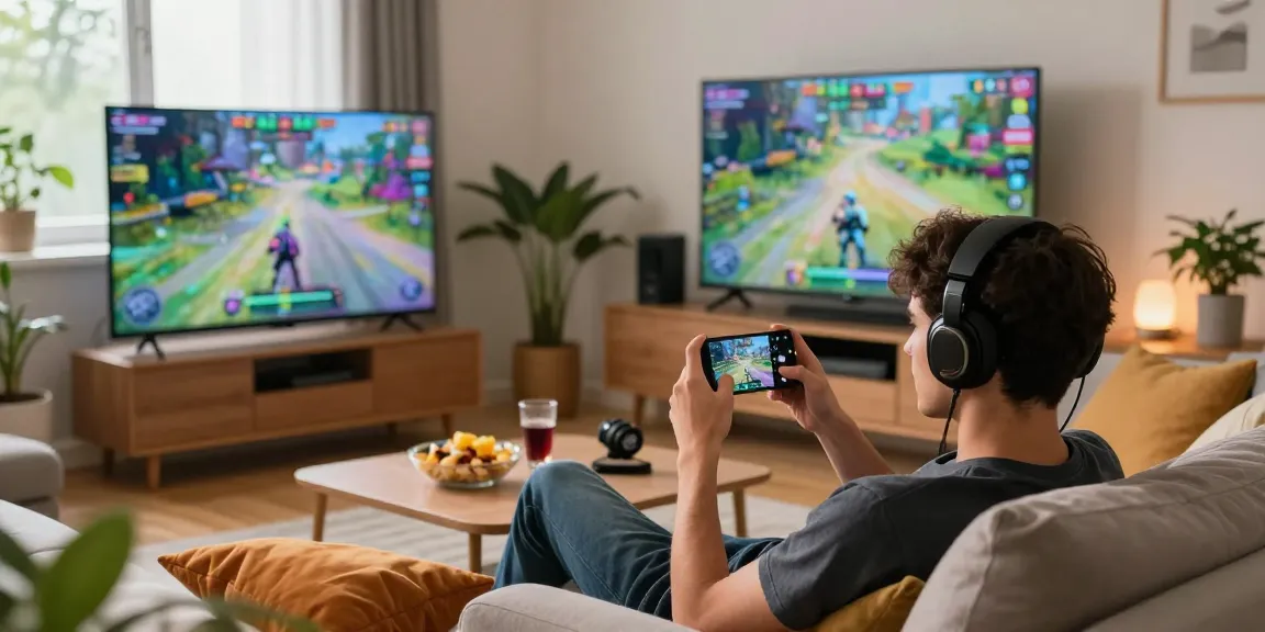 Mobile games experience in vibrant living room with engaged player and gaming setup.